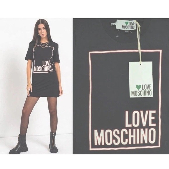 NWT LOVE MOSCHINO Box Logo Navy Mini Cotton Shift Tee Shirt Dress Size 10 M